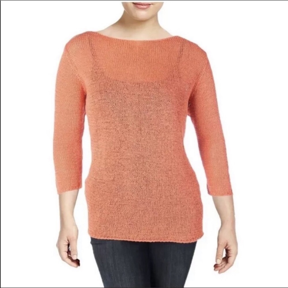 Eileen Fisher cotton open weave boat neck sweater.